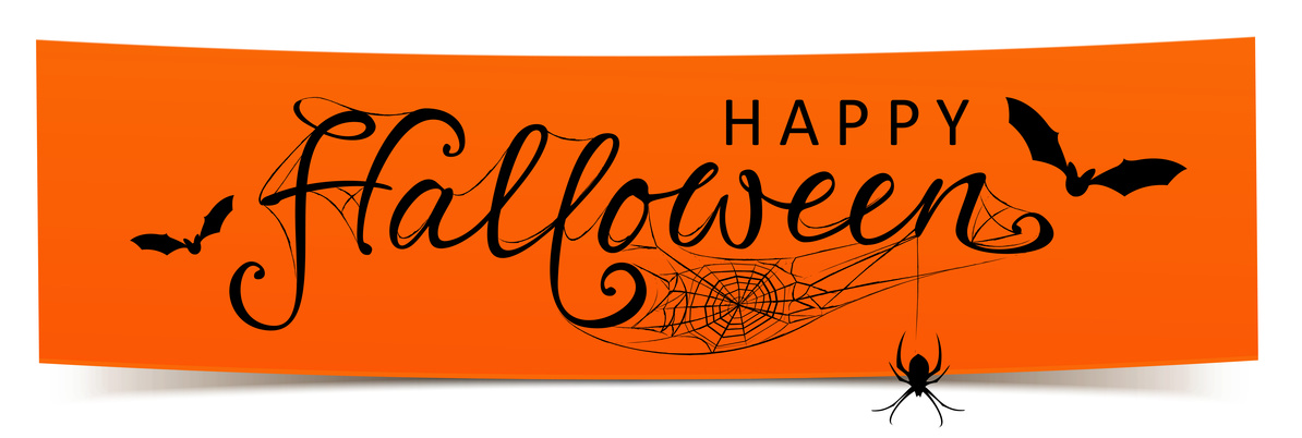 Happy Halloween - Banner mit kalligrafischen Schriftzug, Fledermusen und Spinnennetz